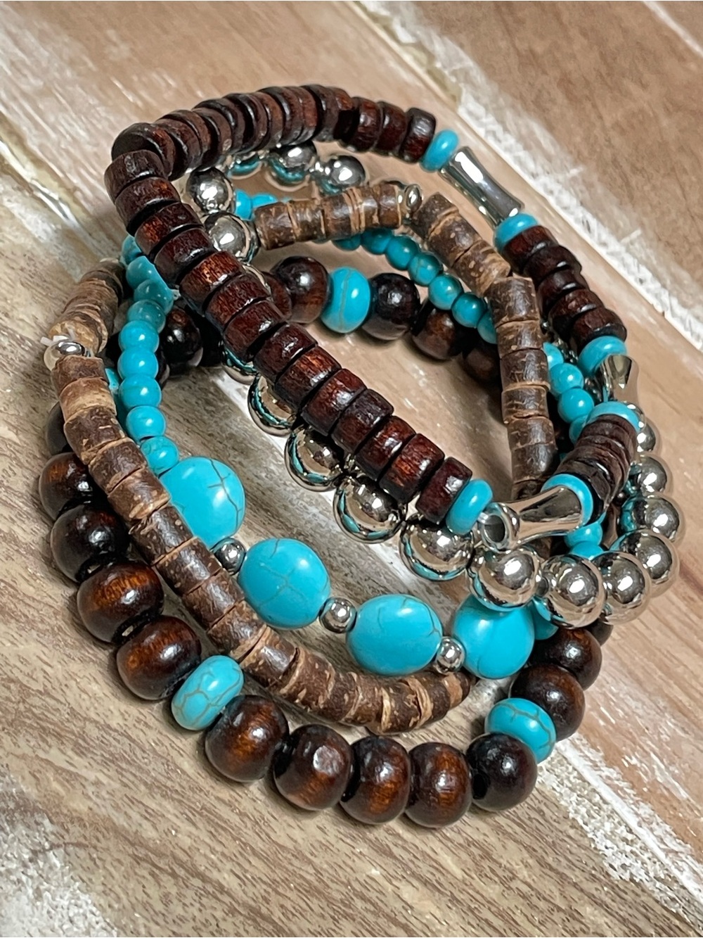 Turquoise & Brown Multi-Strand Beaded Bracelet Set with Turtle Charm